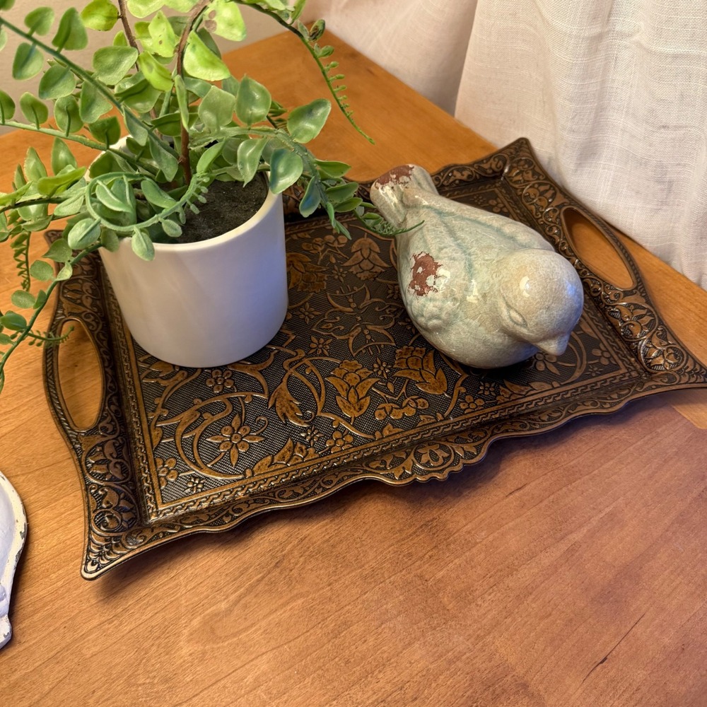 Alisveristime Turkish Zamac Decorative Tray Floral Embossed Vanity Serving
